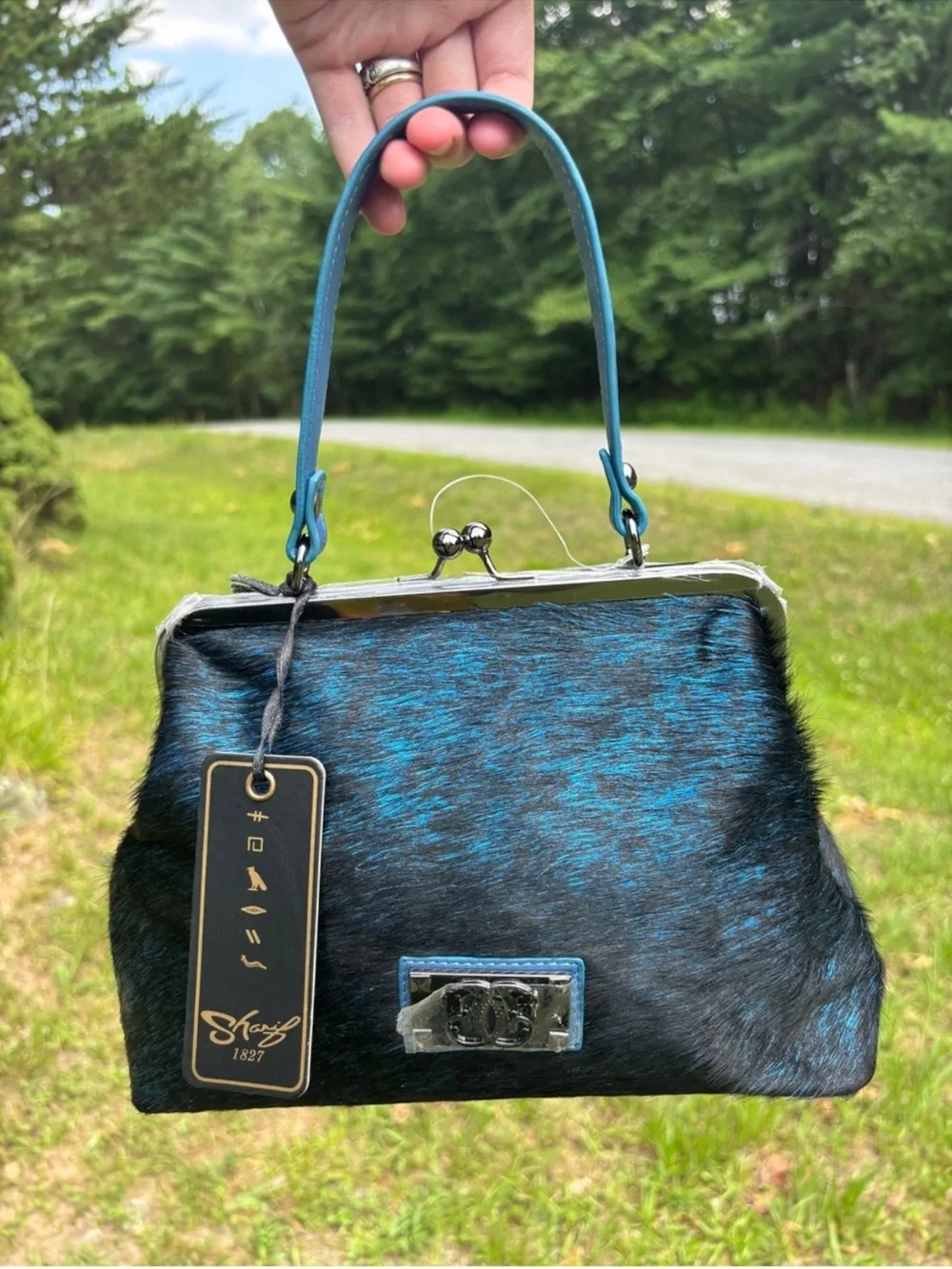 Sharif Frame Bag with kiss lock Navy Blue Faux Fur Women's Bag